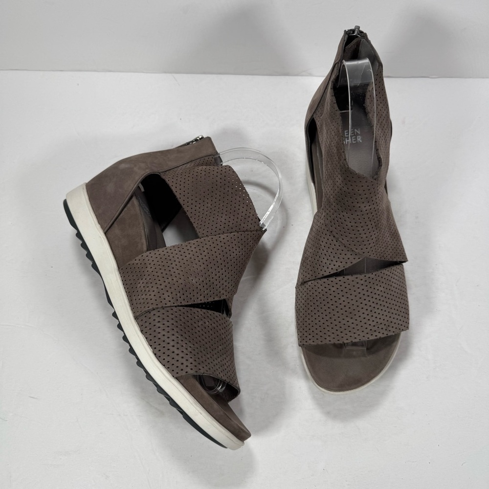 Eileen Fisher Voice Wedge Platinum Gray Perforated Sport Platform Sandals 9.5